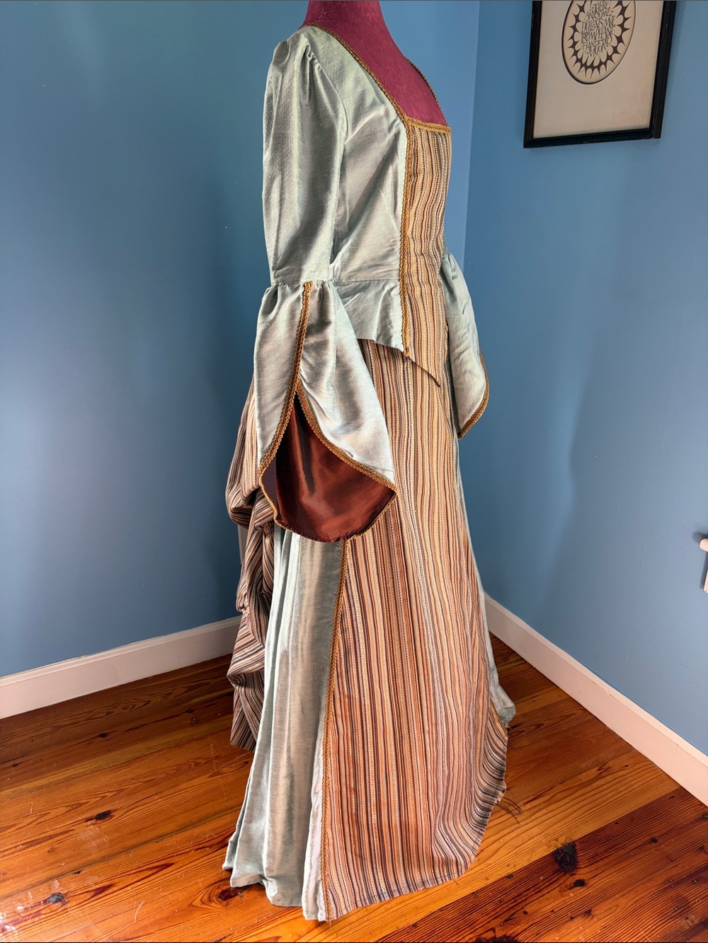 Period colonial costume dress in ice blue and brown - Picture 2 of 12
